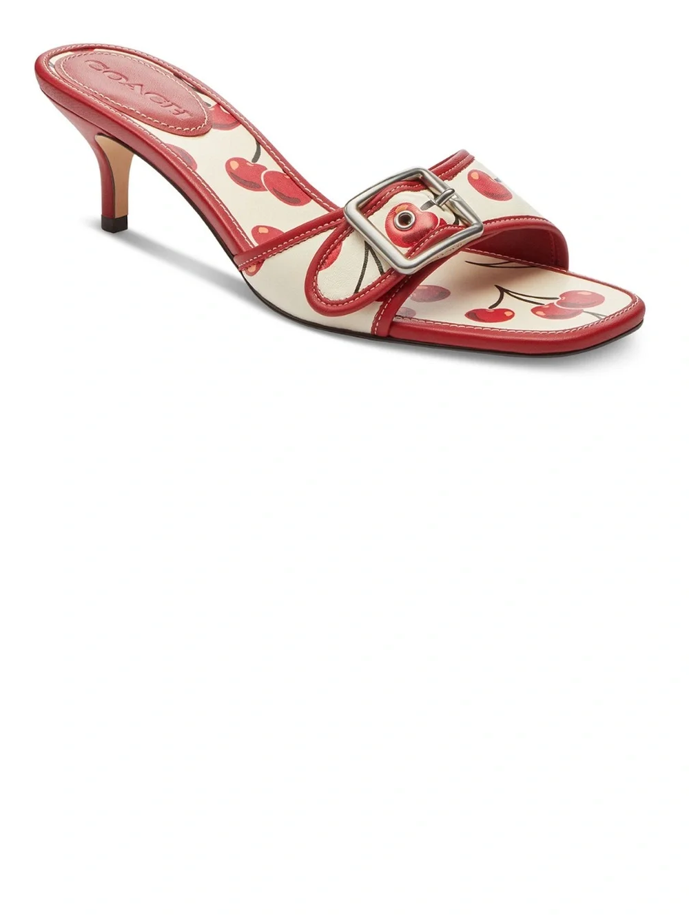 COACH Cherry-Print Red & White Leather Buckle Slide Mules